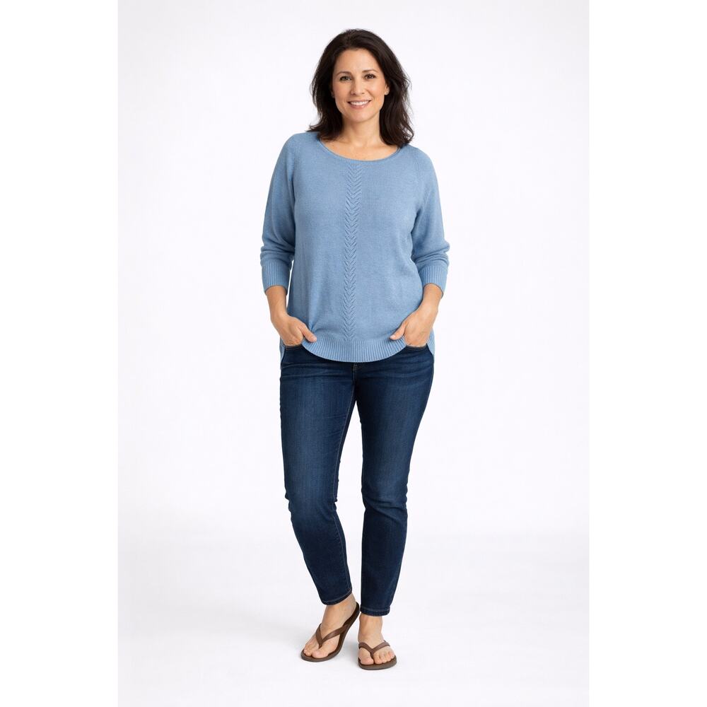 Karen Scott Blue Knit Sweater Women 3/4 Sleeve Pointelle 1X - A009